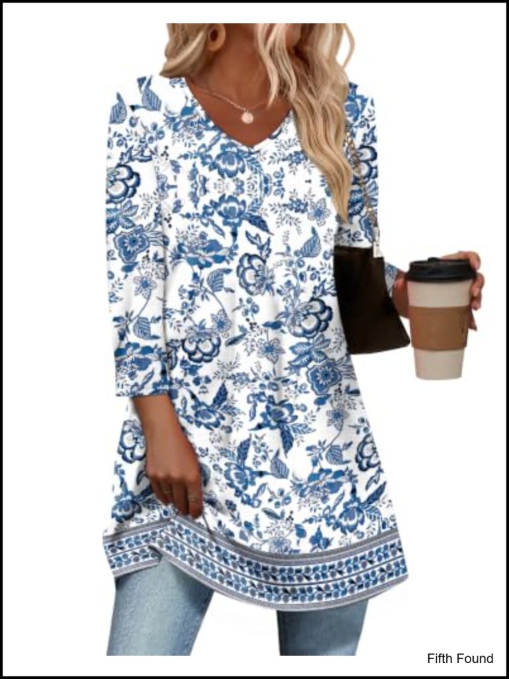 3/4 Sleeve Plus Size Tunic Top V-Neck Floral Stretch